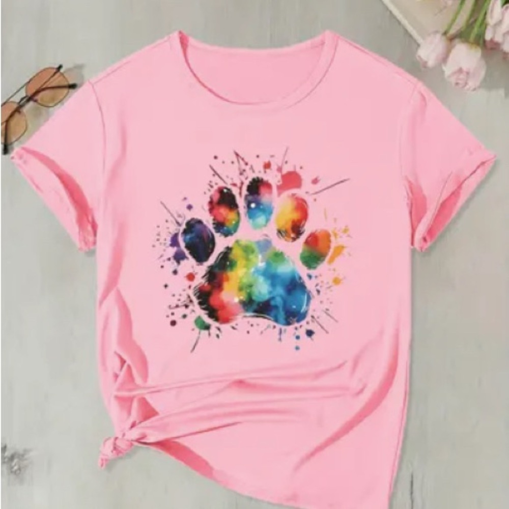 NEW Pink T-Shirt with Colorful Paw Print